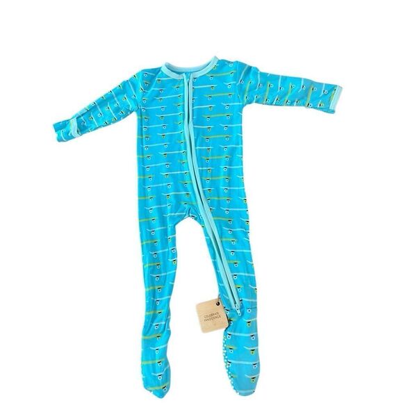 NWT KicKee Pants Aqua Blue skate board Zip Footie 6-9 months Unisex Bamboo baby - Picture 1 of 5